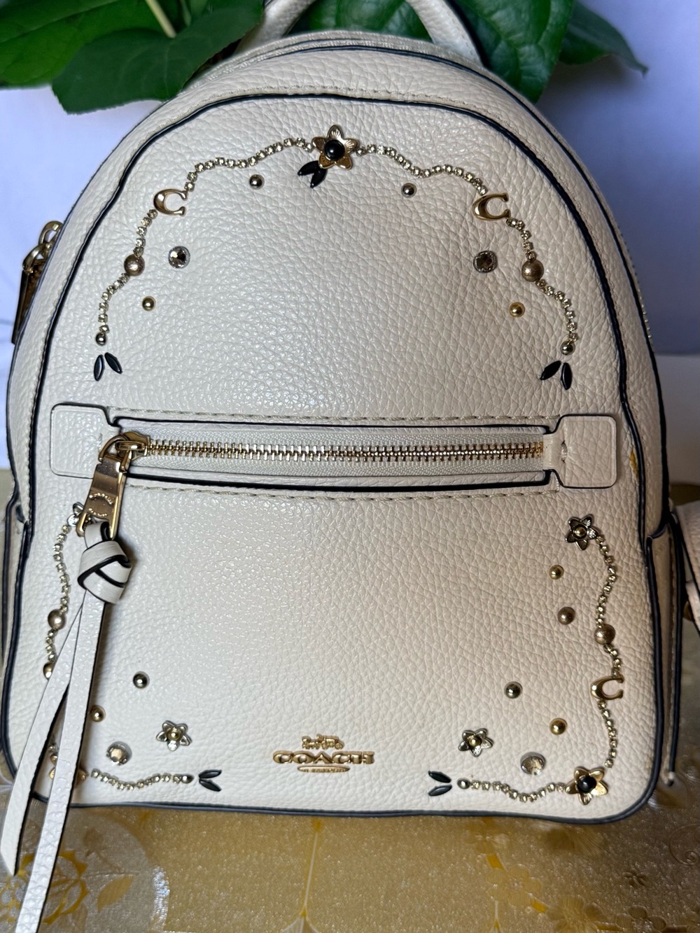 Coach Cream Pebbled Leather small Backpack with Gold Stud and Floral Accents